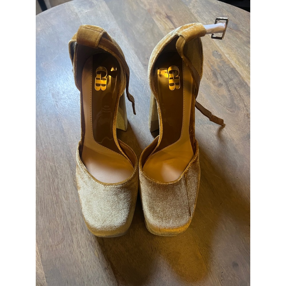 GB Womens Platform Heels Velvet Square Toe Gold 8.5M